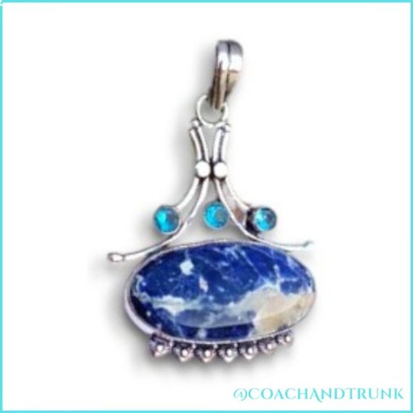 Sodalite Gemstone Blue Topaz Solitaires Handcrafted Metal Work Sterling Necklace - Picture 4 of 4